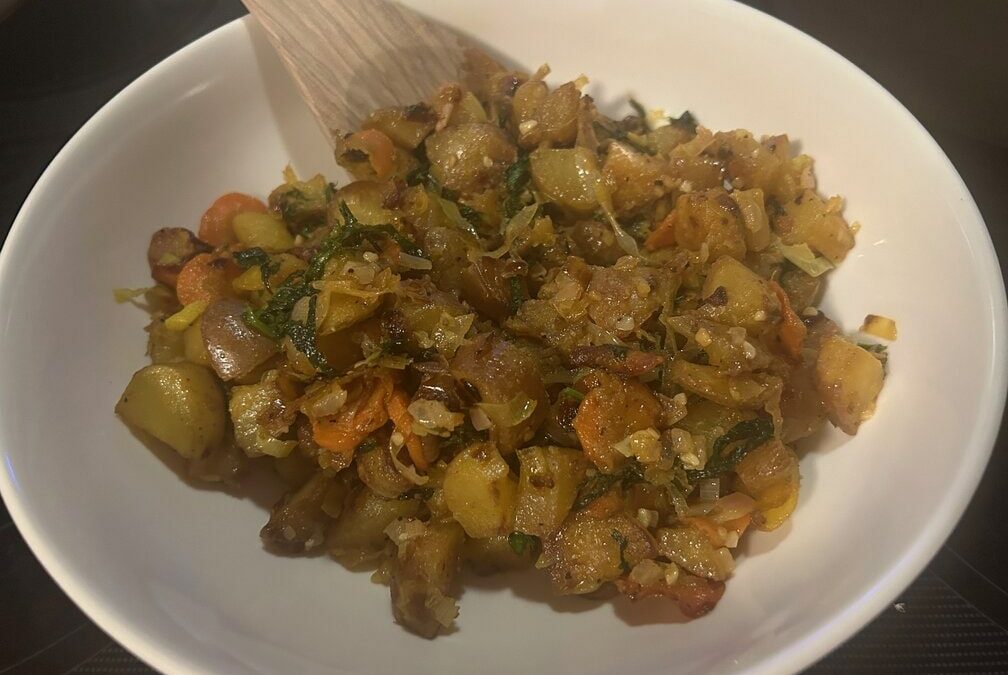 Mustard Greens Potato Hash with a Shallot Sauce and Side of Beans