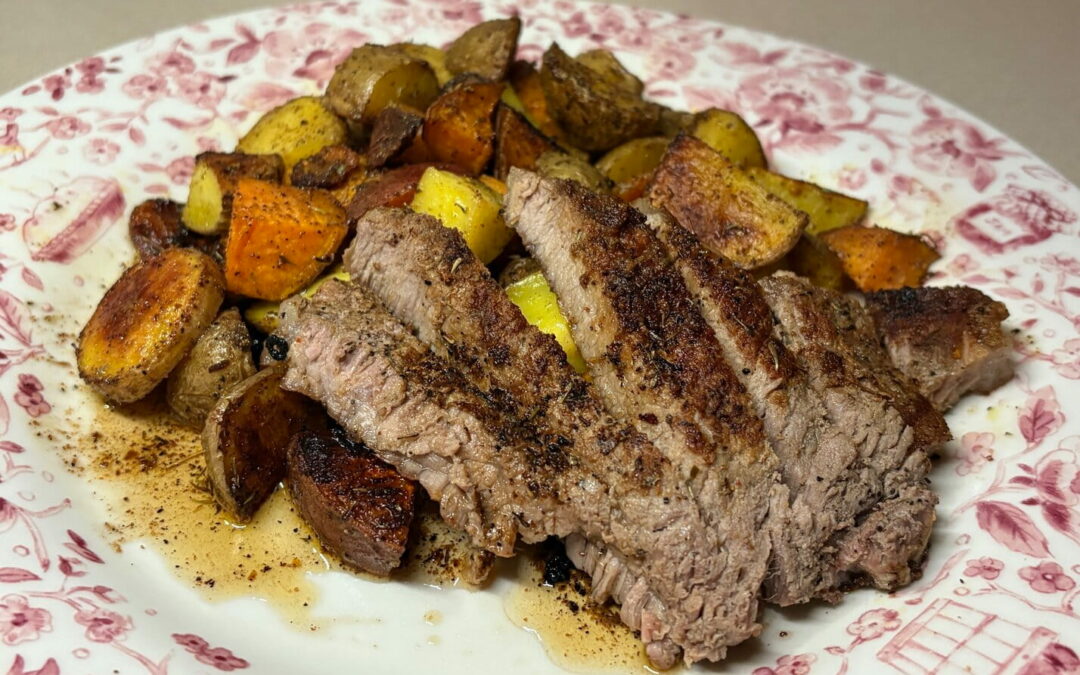 Roasted Baby Sweet Potatoes, Carrots & Mixed Potatoes with Seared Steak & Herb-Garlic Pan Jus